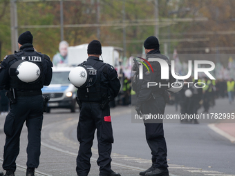 Police are present at the demonstration site as thousands of Kurds demonstrate for the release of Kurdish Leader Abdullah Ocalan in Cologne,...