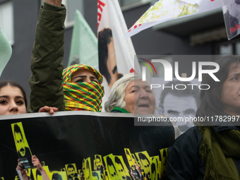 Thousands of Kurds demonstrate for the release of Kurdish leader Abdullah Ocalan in Cologne, Germany, on November 16, 2024. (