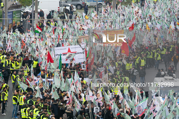 Thousands of Kurds demonstrate for the release of Kurdish leader Abdullah Ocalan in Cologne, Germany, on November 16, 2024. 