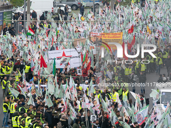 Thousands of Kurds demonstrate for the release of Kurdish leader Abdullah Ocalan in Cologne, Germany, on November 16, 2024. (