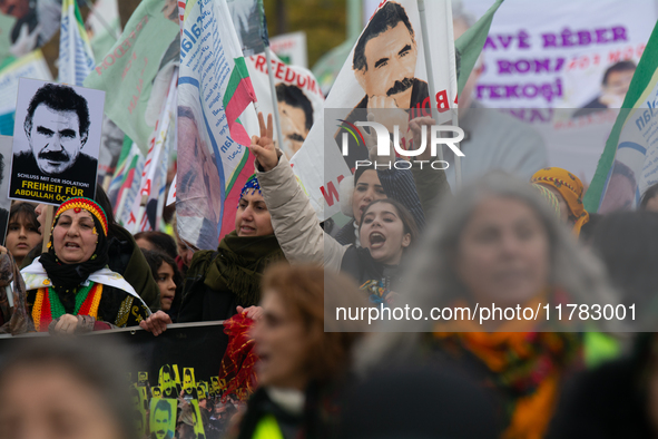 Thousands of Kurds demonstrate for the release of Kurdish leader Abdullah Ocalan in Cologne, Germany, on November 16, 2024. 