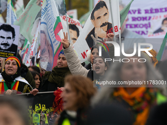 Thousands of Kurds demonstrate for the release of Kurdish leader Abdullah Ocalan in Cologne, Germany, on November 16, 2024. (