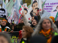 Thousands of Kurds demonstrate for the release of Kurdish leader Abdullah Ocalan in Cologne, Germany, on November 16, 2024. (