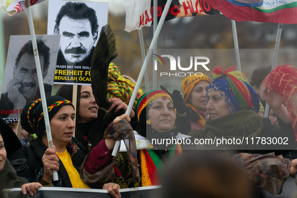 Thousands of Kurds demonstrate for the release of Kurdish leader Abdullah Ocalan in Cologne, Germany, on November 16, 2024. 