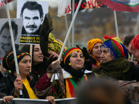 Thousands of Kurds demonstrate for the release of Kurdish leader Abdullah Ocalan in Cologne, Germany, on November 16, 2024. (