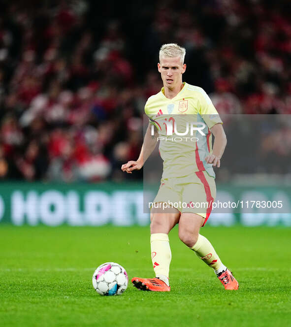 Dani Olmo of Spain  controls the ball during the Nations League Round 5 match between Denmark against Spain at Parken, Copenhagen, Denmark o...