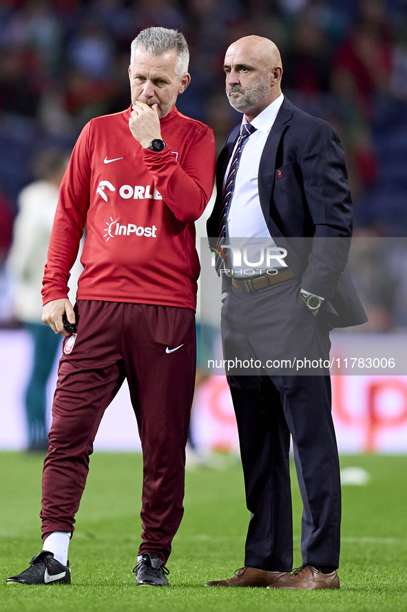 Michal Probierz, Head Coach of Poland, talks with a staff member prior to the UEFA Nations League 2024/25 League A Group A1 match between Po...