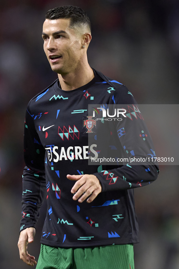 Cristiano Ronaldo of Portugal warms up before the UEFA Nations League 2024/25 League A Group A1 match between Portugal and Poland at Estadio...