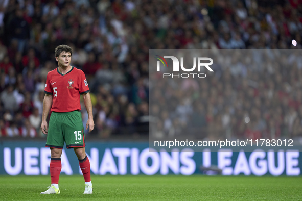 Joao Neves of Portugal reacts during the UEFA Nations League 2024/25 League A Group A1 match between Portugal and Poland at Estadio Do Draga...