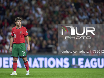 Joao Neves of Portugal reacts during the UEFA Nations League 2024/25 League A Group A1 match between Portugal and Poland at Estadio Do Draga...