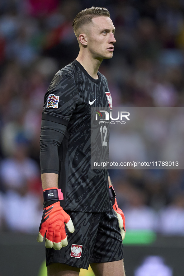 Marcin Bulka of Poland reacts during the UEFA Nations League 2024/25 League A Group A1 match between Portugal and Poland at Estadio Do Draga...