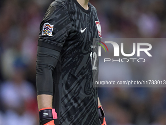 Marcin Bulka of Poland reacts during the UEFA Nations League 2024/25 League A Group A1 match between Portugal and Poland at Estadio Do Draga...