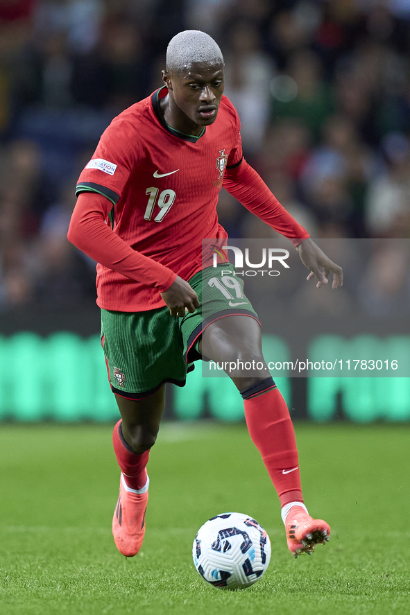 Nuno Mendes of Portugal plays during the UEFA Nations League 2024/25 League A Group A1 match between Portugal and Poland at Estadio Do Draga...