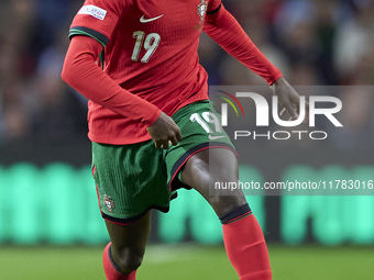 Nuno Mendes of Portugal plays during the UEFA Nations League 2024/25 League A Group A1 match between Portugal and Poland at Estadio Do Draga...