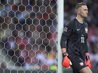 Marcin Bulka of Poland reacts during the UEFA Nations League 2024/25 League A Group A1 match between Portugal and Poland at Estadio Do Draga...