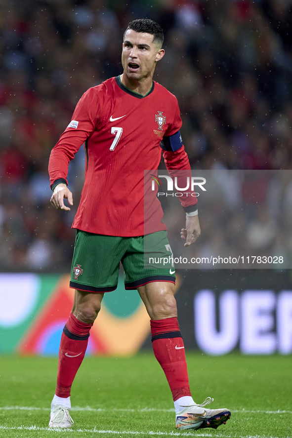 Cristiano Ronaldo of Portugal reacts during the UEFA Nations League 2024/25 League A Group A1 match between Portugal and Poland at Estadio D...