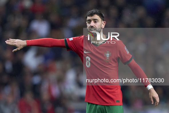 Bruno Fernandes of Portugal reacts during the UEFA Nations League 2024/25 League A Group A1 match between Portugal and Poland at Estadio Do...