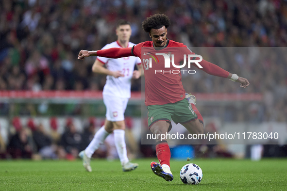 Renato Veiga of Portugal shoots on goal during the UEFA Nations League 2024/25 League A Group A1 match between Portugal and Poland at Estadi...