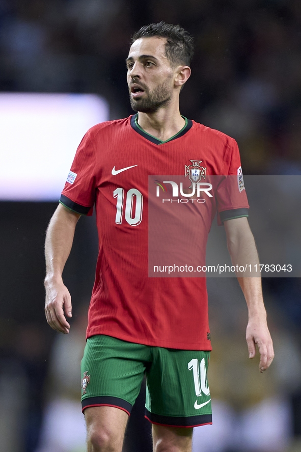 Bernardo Silva of Portugal reacts during the UEFA Nations League 2024/25 League A Group A1 match between Portugal and Poland at Estadio Do D...