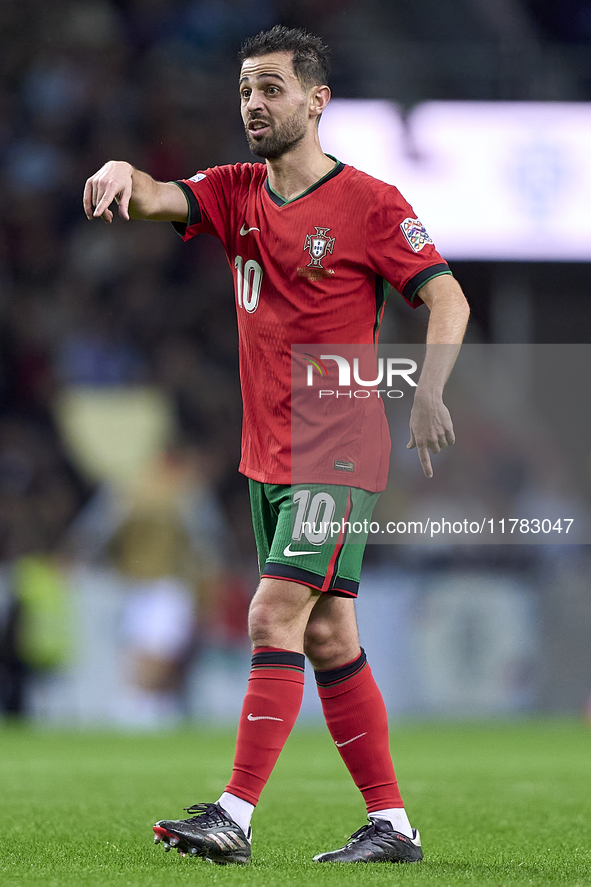 Bernardo Silva of Portugal reacts during the UEFA Nations League 2024/25 League A Group A1 match between Portugal and Poland at Estadio Do D...