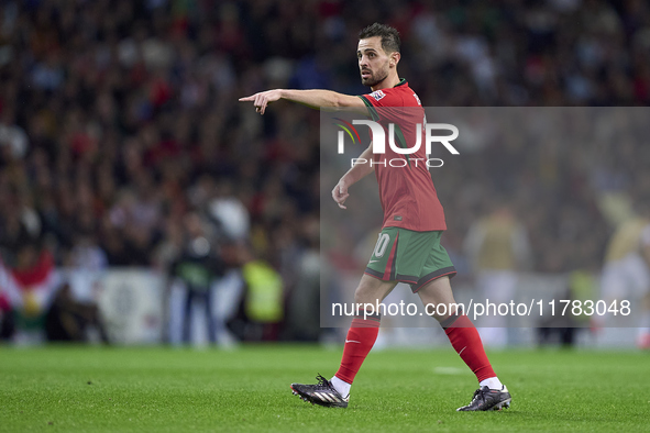 Bernardo Silva of Portugal reacts during the UEFA Nations League 2024/25 League A Group A1 match between Portugal and Poland at Estadio Do D...