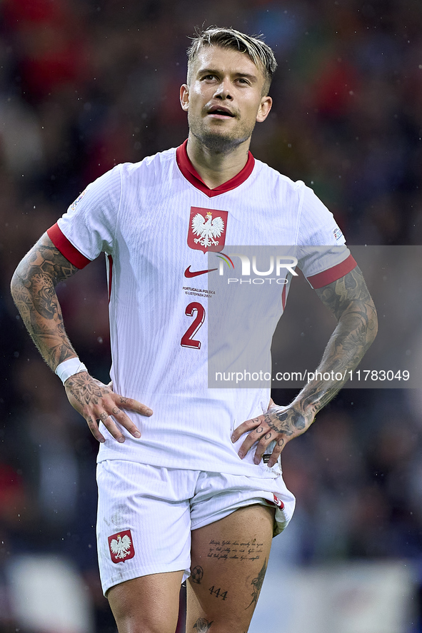 Kamil Piatkowski of Poland reacts during the UEFA Nations League 2024/25 League A Group A1 match between Portugal and Poland at Estadio Do D...