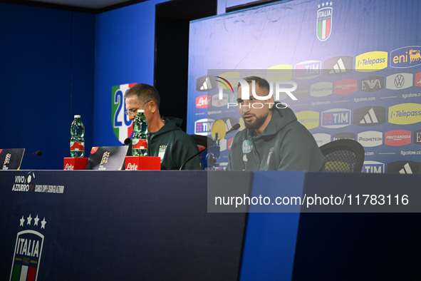 Gianluigi Donnarumma of Italy speaks to the media during an Italy press conference at BPER Training Centre in Appiano Gentile, Como, Italy,...