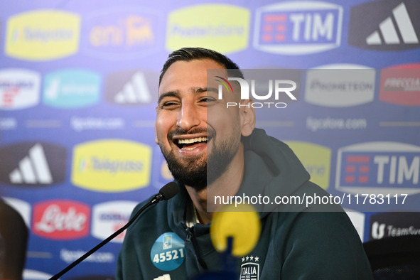 Gianluigi Donnarumma of Italy speaks to the media during an Italy press conference at BPER Training Centre in Appiano Gentile, Como, Italy,...