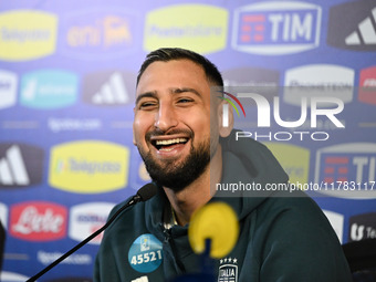 Gianluigi Donnarumma of Italy speaks to the media during an Italy press conference at BPER Training Centre in Appiano Gentile, Como, Italy,...