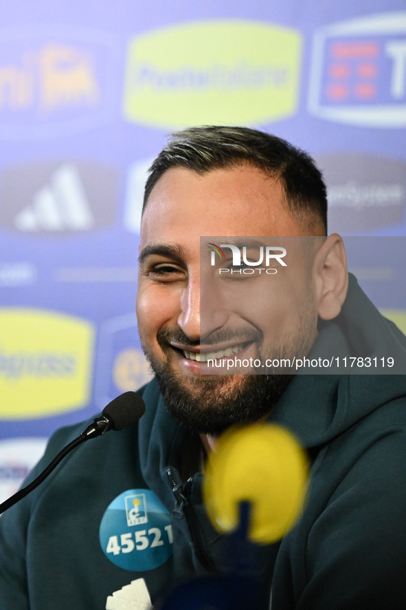 Gianluigi Donnarumma of Italy speaks to the media during an Italy press conference at BPER Training Centre in Appiano Gentile, Como, Italy,...