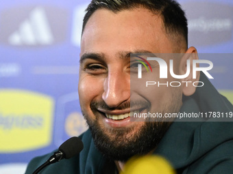 Gianluigi Donnarumma of Italy speaks to the media during an Italy press conference at BPER Training Centre in Appiano Gentile, Como, Italy,...