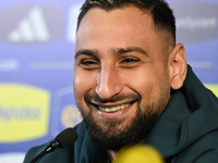 Gianluigi Donnarumma of Italy speaks to the media during an Italy press conference at BPER Training Centre in Appiano Gentile, Como, Italy,...