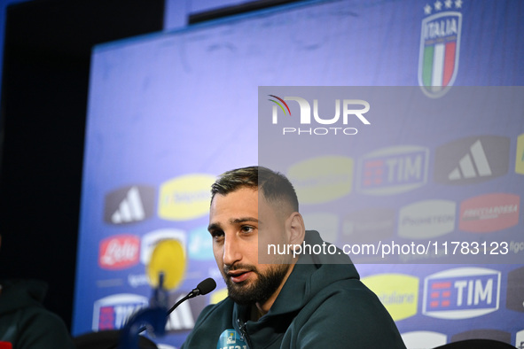 Gianluigi Donnarumma of Italy speaks to the media during an Italy press conference at BPER Training Centre in Appiano Gentile, Como, Italy,...