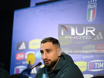 Gianluigi Donnarumma of Italy speaks to the media during an Italy press conference at BPER Training Centre in Appiano Gentile, Como, Italy,...