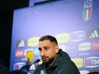 Gianluigi Donnarumma of Italy speaks to the media during an Italy press conference at BPER Training Centre in Appiano Gentile, Como, Italy,...