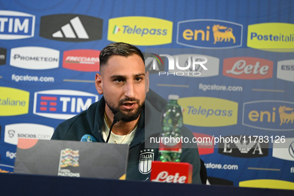 Gianluigi Donnarumma of Italy speaks to the media during an Italy press conference at BPER Training Centre in Appiano Gentile, Como, Italy,...