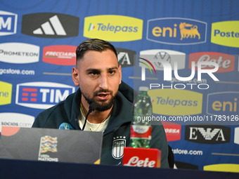 Gianluigi Donnarumma of Italy speaks to the media during an Italy press conference at BPER Training Centre in Appiano Gentile, Como, Italy,...