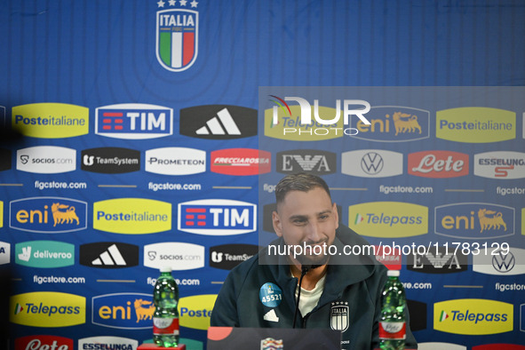 Gianluigi Donnarumma of Italy speaks to the media during an Italy press conference at BPER Training Centre in Appiano Gentile, Como, Italy,...