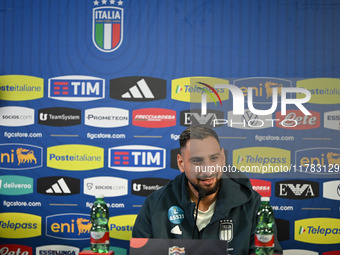 Gianluigi Donnarumma of Italy speaks to the media during an Italy press conference at BPER Training Centre in Appiano Gentile, Como, Italy,...