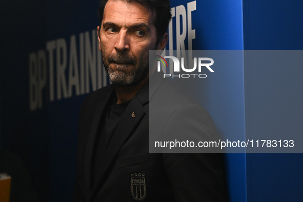 Gianluigi Buffon speaks to the media during an Italy press conference at BPER Training Centre in Appiano Gentile, Italy, on November 16, 202...