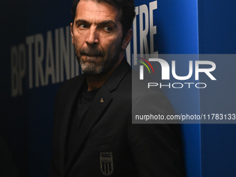 Gianluigi Buffon speaks to the media during an Italy press conference at BPER Training Centre in Appiano Gentile, Italy, on November 16, 202...