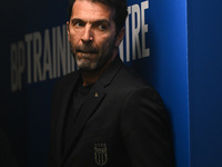 Gianluigi Buffon speaks to the media during an Italy press conference at BPER Training Centre in Appiano Gentile, Italy, on November 16, 202...