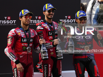 Enea Bastianini (23) of Italy and Ducati Lenovo Team, Francesco Pecco Bagnaia (1) of Italy and Ducati Lenovo Team and Jorge Martin (89) of S...