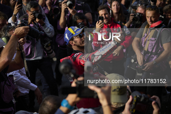 Francesco Pecco Bagnaia (1) of Italy and Ducati Lenovo Team during the sprint of the Motul Solidarity Grand Prix of Barcelona at Circuit de...