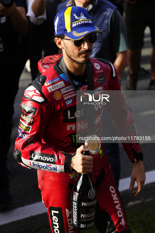 Francesco Pecco Bagnaia (1) of Italy and Ducati Lenovo Team during the sprint of the Motul Solidarity Grand Prix of Barcelona at Circuit de...