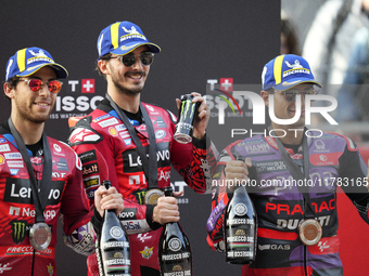 Enea Bastianini (23) of Italy and Ducati Lenovo Team, Francesco Pecco Bagnaia (1) of Italy and Ducati Lenovo Team, and Jorge Martin (89) of...