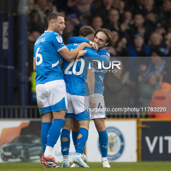 Louie Barry, number 20 of Stockport County F.C., celebrates his goal during the Sky Bet League 1 match between Stockport County and Wrexham...