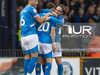 Louie Barry, number 20 of Stockport County F.C., celebrates his goal during the Sky Bet League 1 match between Stockport County and Wrexham...