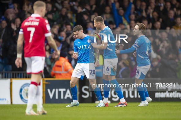 Louie Barry, number 20 of Stockport County F.C., celebrates his goal during the Sky Bet League 1 match between Stockport County and Wrexham...