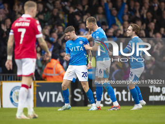 Louie Barry, number 20 of Stockport County F.C., celebrates his goal during the Sky Bet League 1 match between Stockport County and Wrexham...